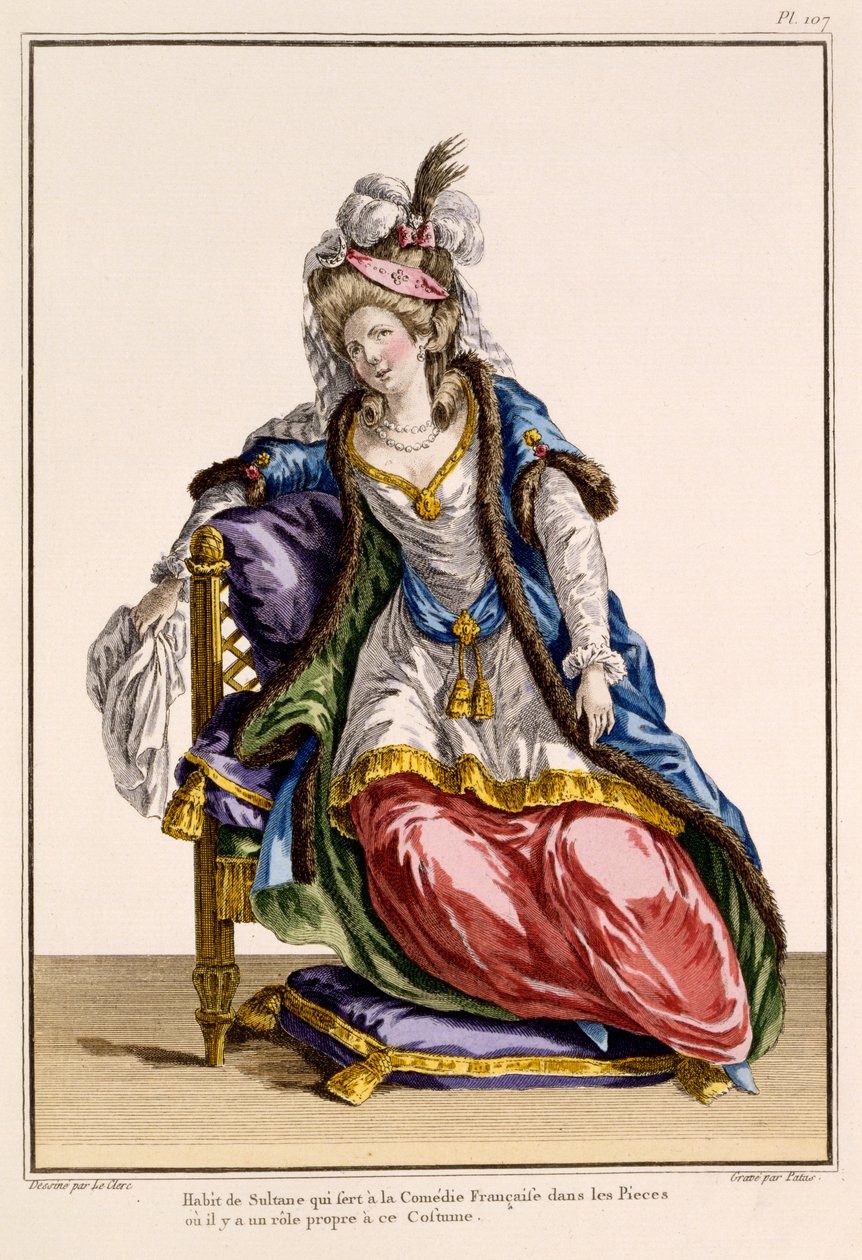 Traje para a esposa dos sultões em La Comédie Française, estampa feita por Patus (gravura colorida à mão) de French School