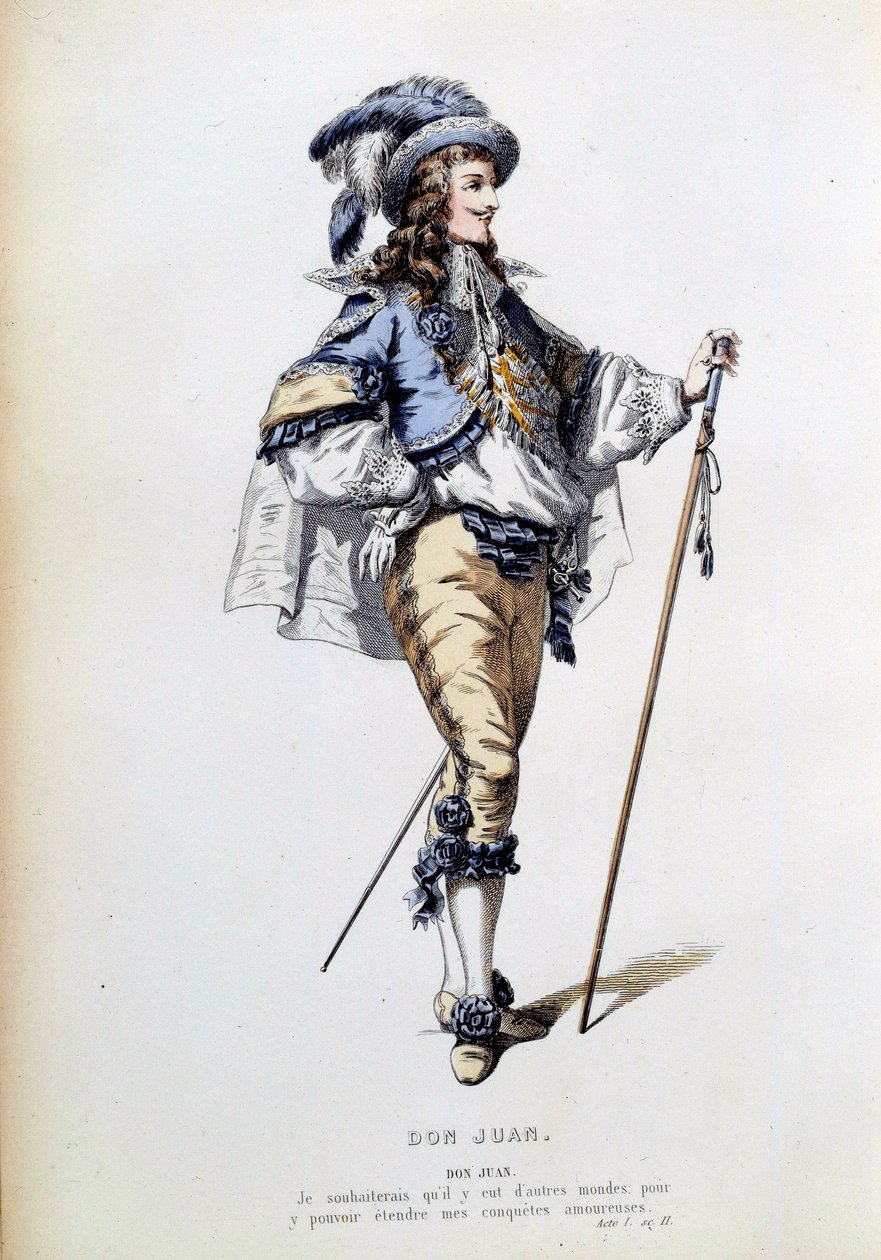 Traje para o personagem de Don Juan na cena 2 do Acto I da peça homónima de Jean Baptiste Poquelin dit Moliere (1622-1673). Gravura de Paris do século XIX, Comedie francaise de French School
