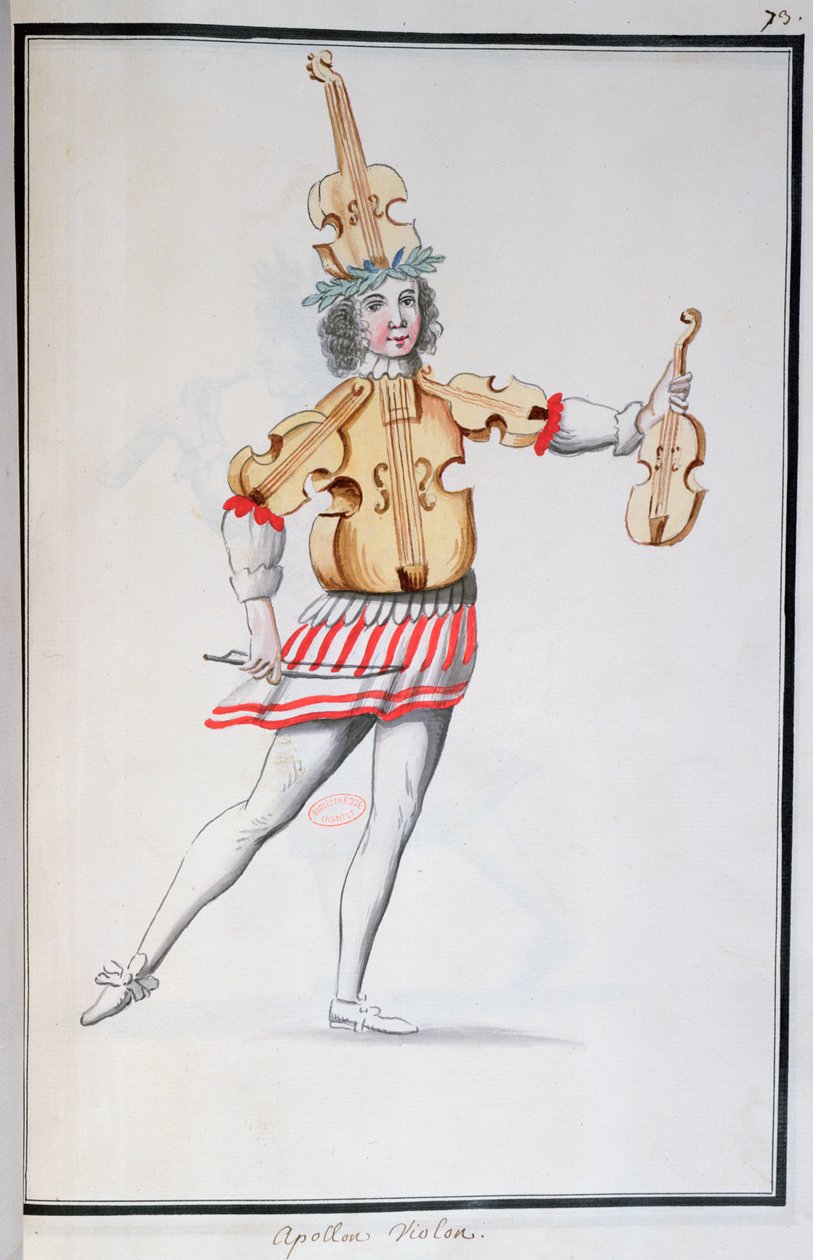 Traje de Apolo-Violino para o Ballet de la Nuit de Jean-Baptiste Lully (1632-87) dançado por Louis XIV, 23 de fevereiro de 1653 (wc no papel) de French School