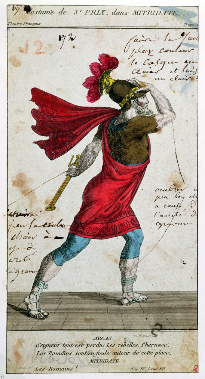 Traje de Saint-Prix na tragédia Mithridate por Racine, século XVIII (cor gravura) de French School