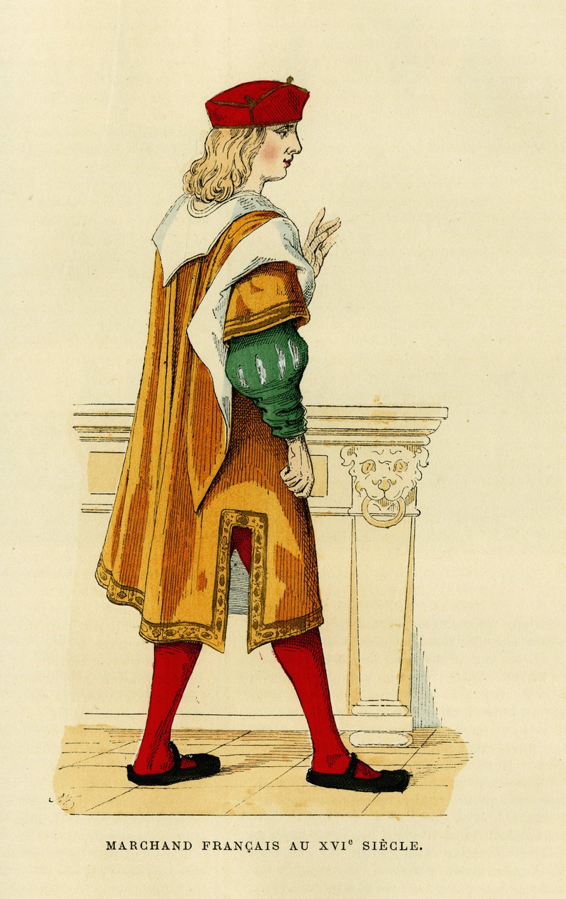 Traje de um comerciante francês do século XVII, gravura a cores, in "France et les francais a travers les centuries" de Augustin Challamel, F. Roy editor, Paris 1882. Coleção Selva. de French School