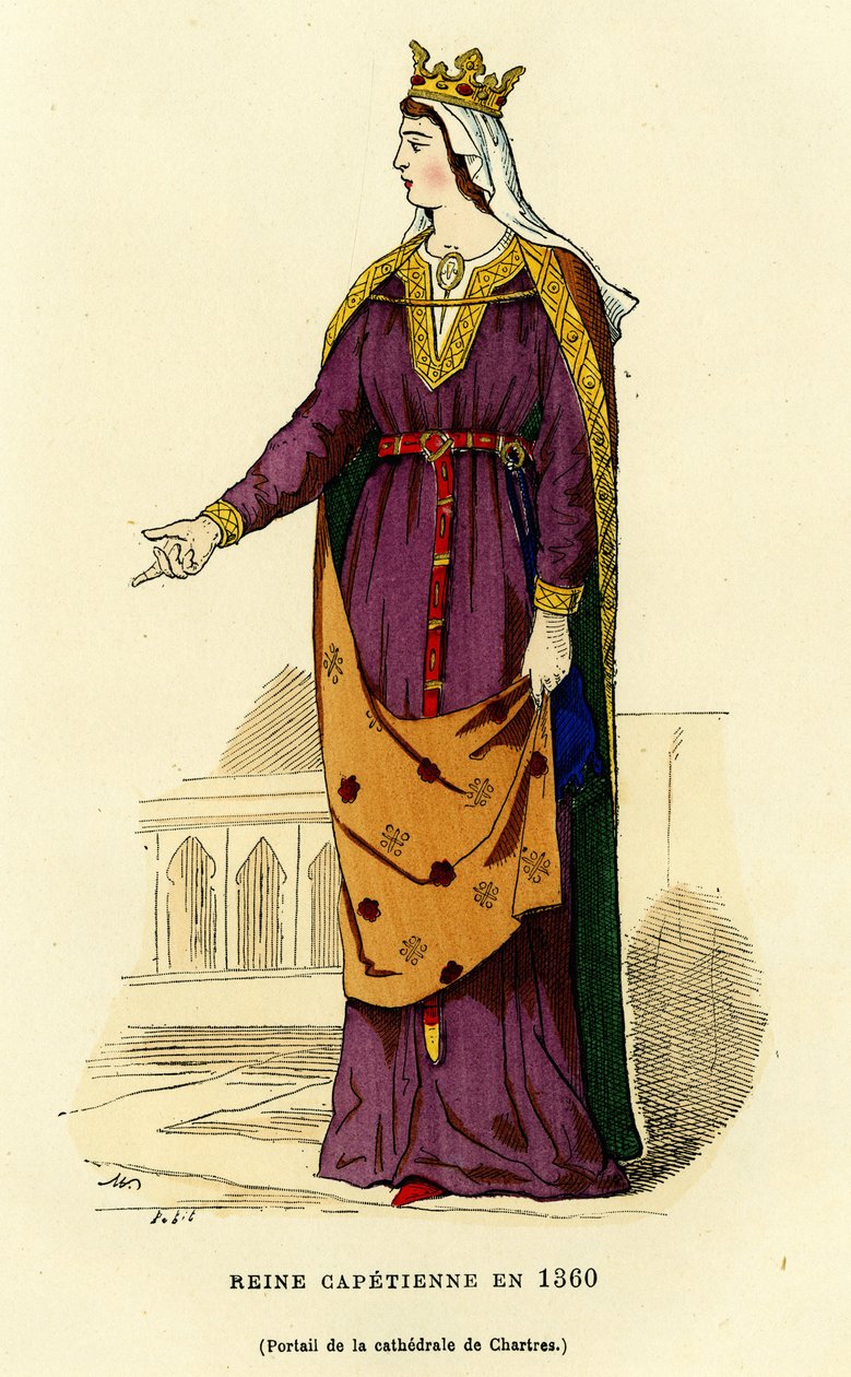 Traje de uma rainha capetiana em 1360, com uma coroa dourada, sobre um véu claro que esconde parcialmente o seu penteado liso, vestindo uma clâmide aberta no peito fixada por uma fíbula de corrente dourada, a túnica muito comprida é apertada na cintura por de French School