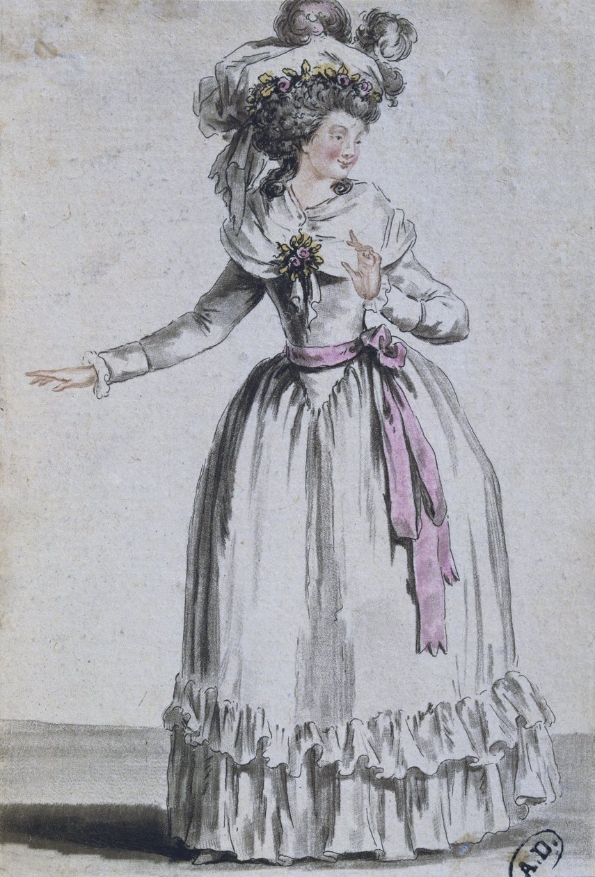 Traje de uma atriz (gravura a cores) de French School