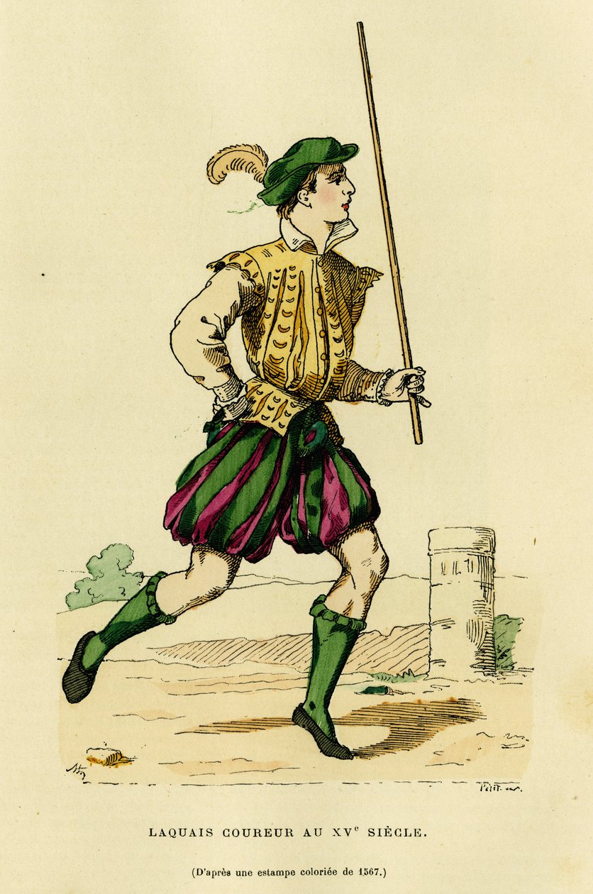 Traje de lacaio no século XV, encarregado de correr em frente à carruagem para libertar a estrada e anunciar a passagem de um nobre ou lorde. Gravura a cores, em "France et les francais a travers les centuries" de Augustin Challamel, F.Roy ed de French School