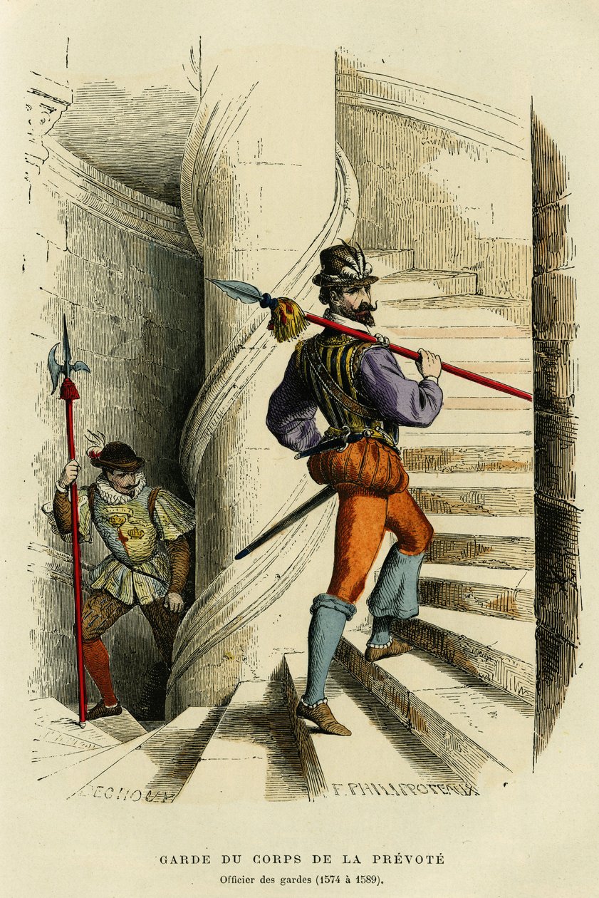 Traje do guarda-costas do pregoeiro, seguido por um oficial da guarda (1574 a 1589). Gravura a cores, em "France et les francais a travers les siecles" de Augustin Challamel, editor de F.Roy, Paris 1882. Coleção Selva. de French School
