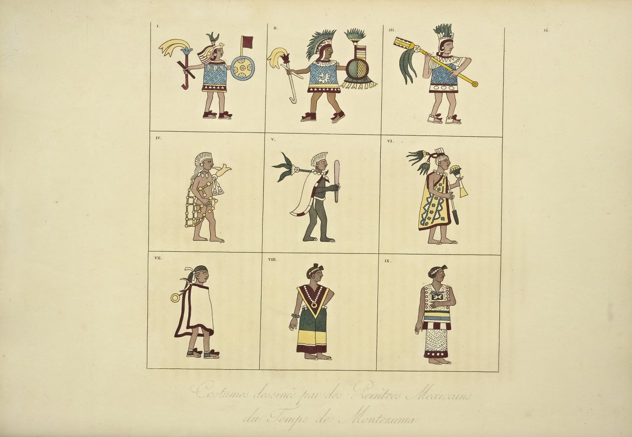 Trajes Desenhados pelos Pintores Mexicanos do Tempo de Montezuma, ilustração de Vistas das Cordilheiras e Monumens dos Povos Indígenas da América por Alexander von Humboldt e Aime Bonpland, 1 de French School
