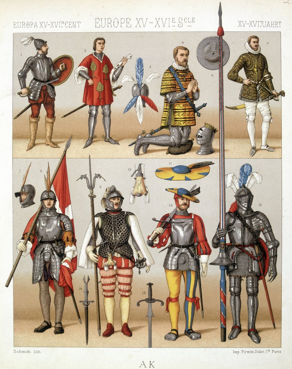 Trajes e armaduras da Idade Média - in "O traje histórico" de Racinet de French School