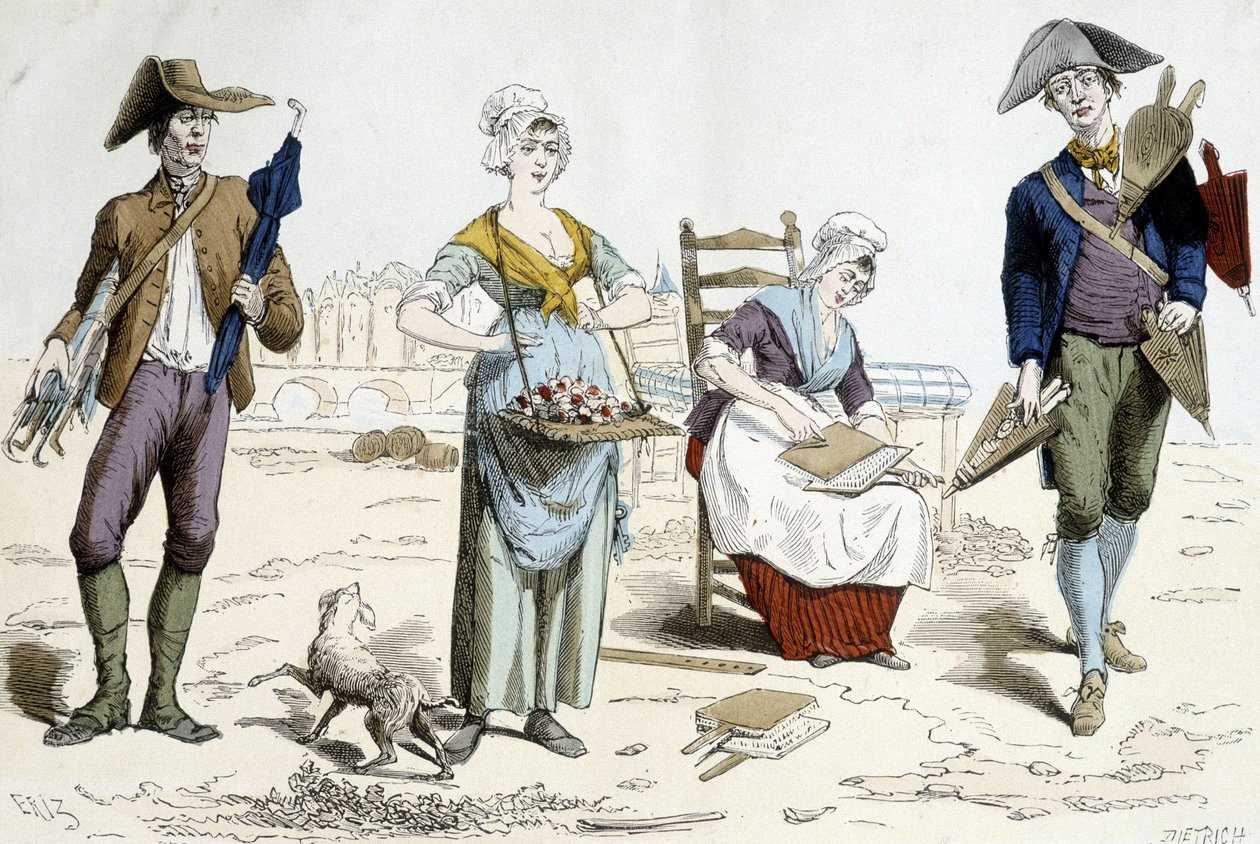 Fantasias de Paris ao longo dos séculos. Ilustração do vestuário do século XVIII: comerciante de guarda-chuvas, flores, colchões de papelão e de fole. de French School