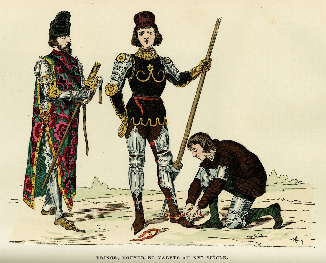 Fantasias do príncipe, dos seus ecus e do seu camareiro, no século XV. Gravura a cores, em "France et les francais a travers les centuries" de Augustin Challamel, editor de F.Roy, Paris 1882. Coleção Selva. de French School