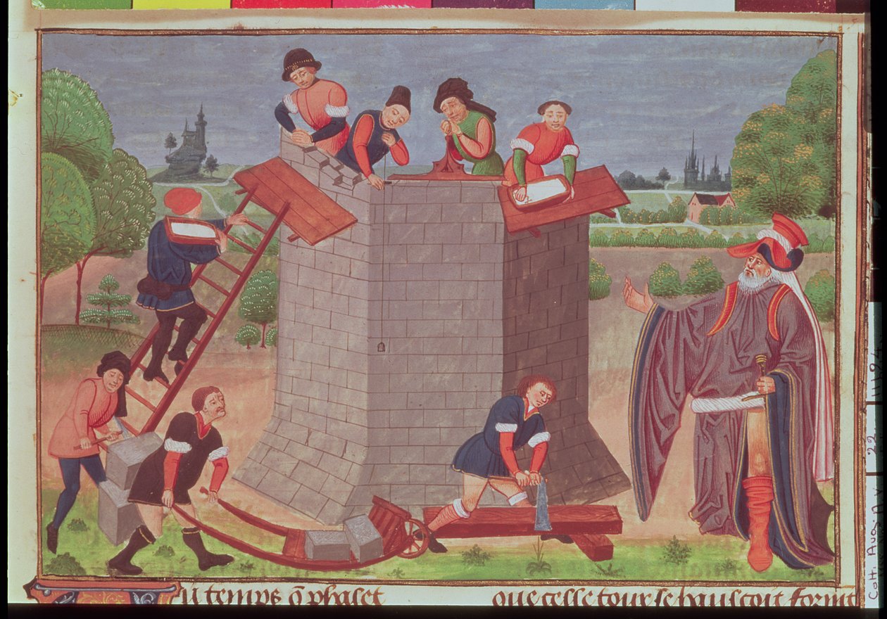 Cott Aug V fol.22 Edifício da Torre de Babel, miniatura de 