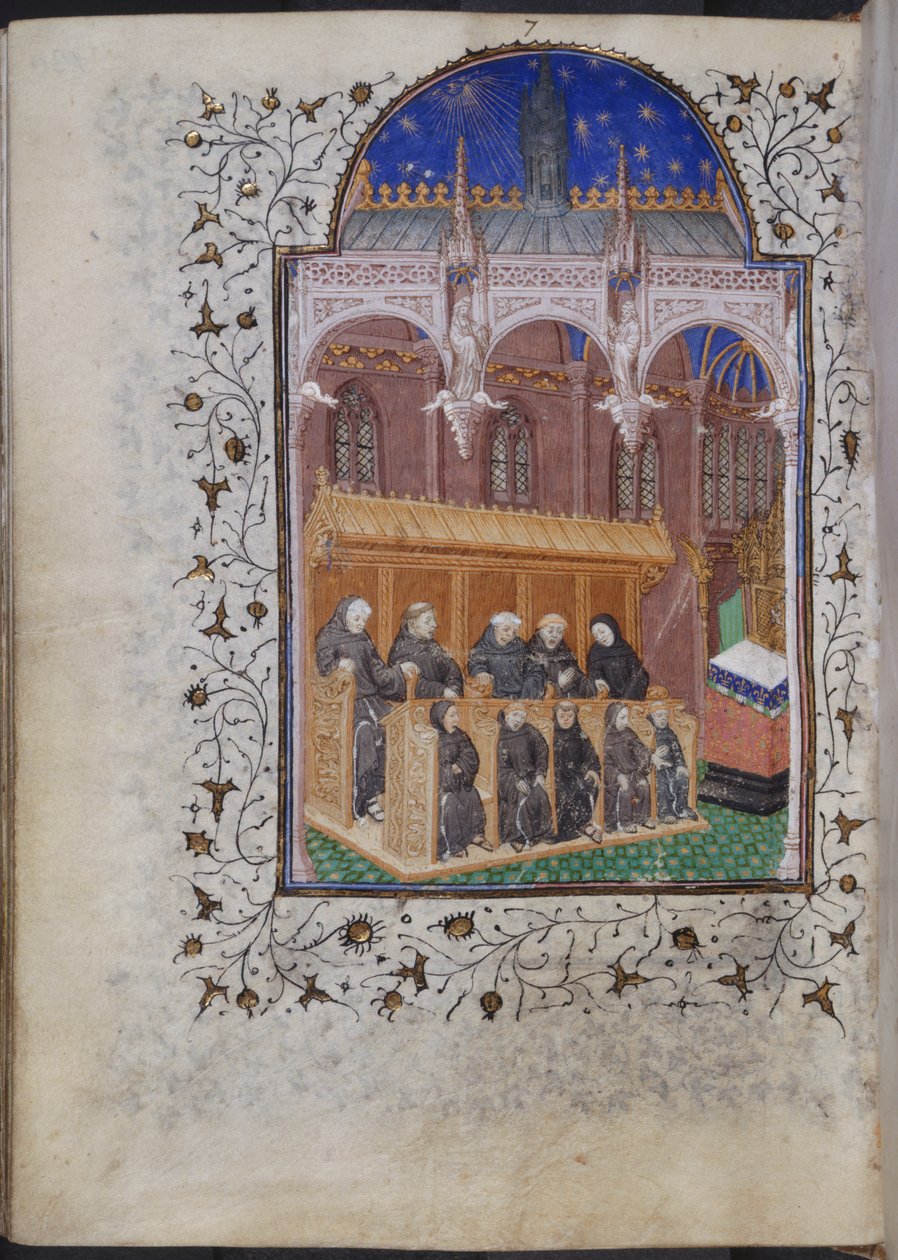 Cott Dom A XVII f.122v Frades de vestes negras cantando em coro, do Saltério de Henrique VI, Paris, c.1420 (velino) de French School