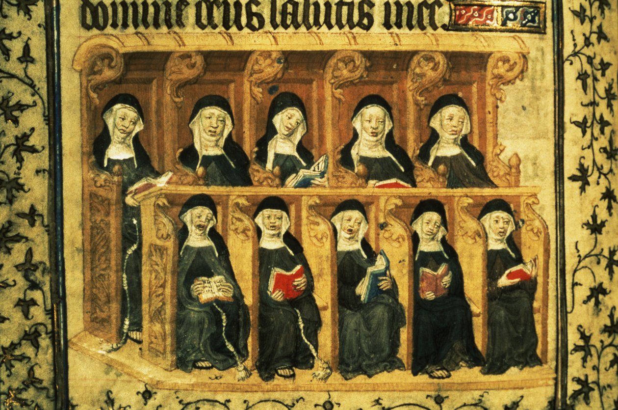 Cott Dom A XVII f.74v Freiras numa banca de coro, do Saltério de Henrique VI, Paris de French School