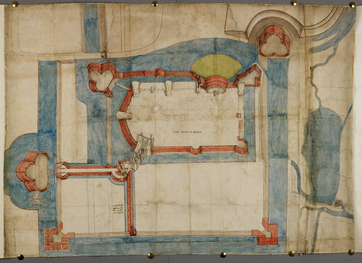 Cotton Augustus I ii 52, Um plano colorido do Castelo de Guînes cerca de 1540 (pergaminho) de French School