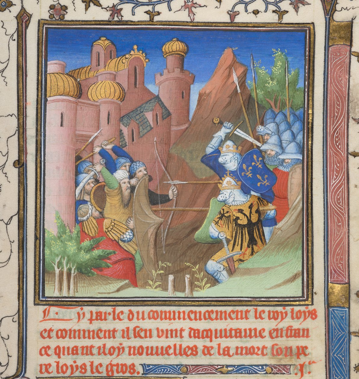 Algodão Nero E II pt.1, f.222, Batalha de Luís VII e seu pai, de Grandes Chroniques de France de French School