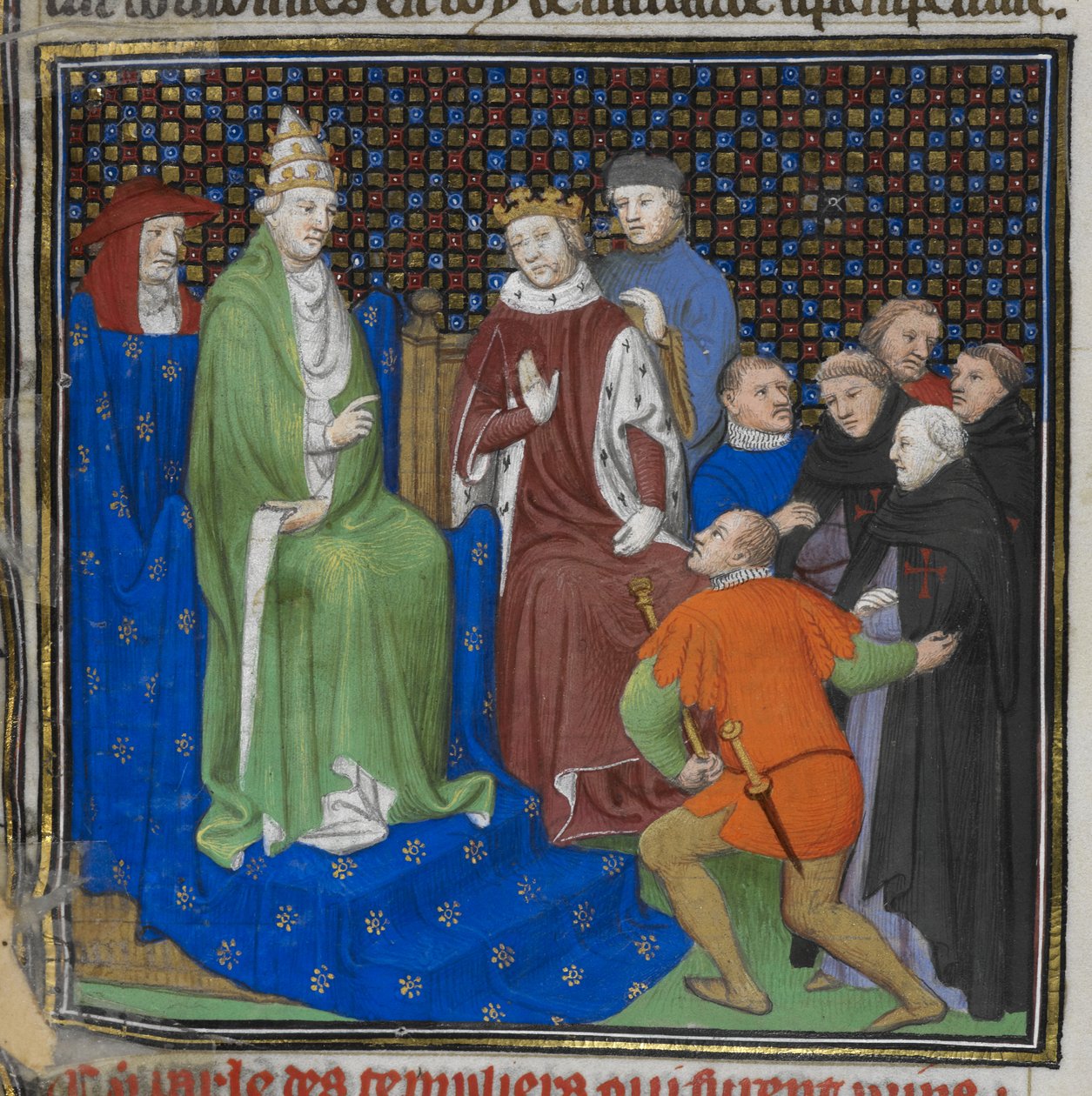 Algodão Nero E II pt2 fol.100v Os Templários perante Filipe IV (1268-1314) e o Papa Clemente V (c.1260-1320), de 