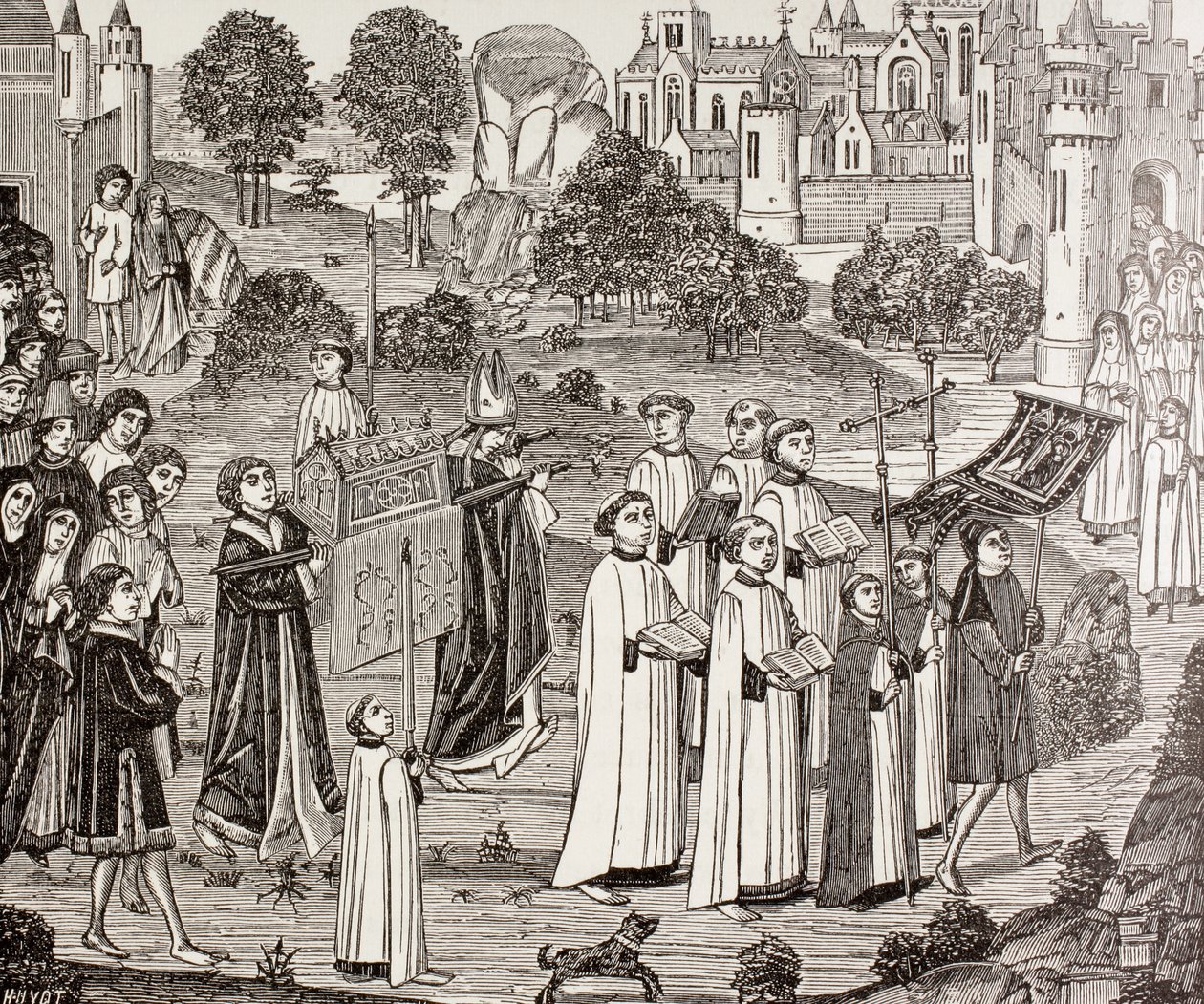 Conde Renier levando o corpo de Santa Verônica para a igreja de St. Waudru em Mons, de "A vida militar e religiosa na Idade Média" por Paul Lacroix, publicado em Londres c.1880 de French School