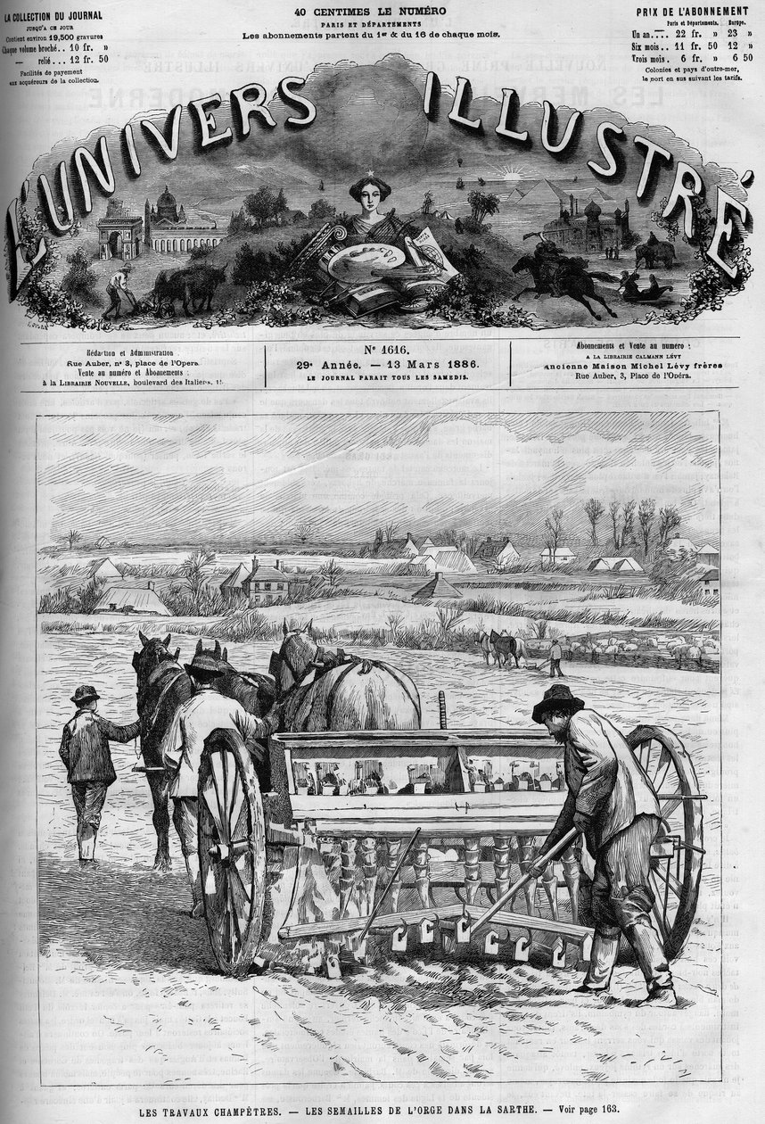 Trabalho no campo: semeadura de cevada no Sarthe. Um jornal. Gravura no "Le Monde Illustré", 13 de março de French School