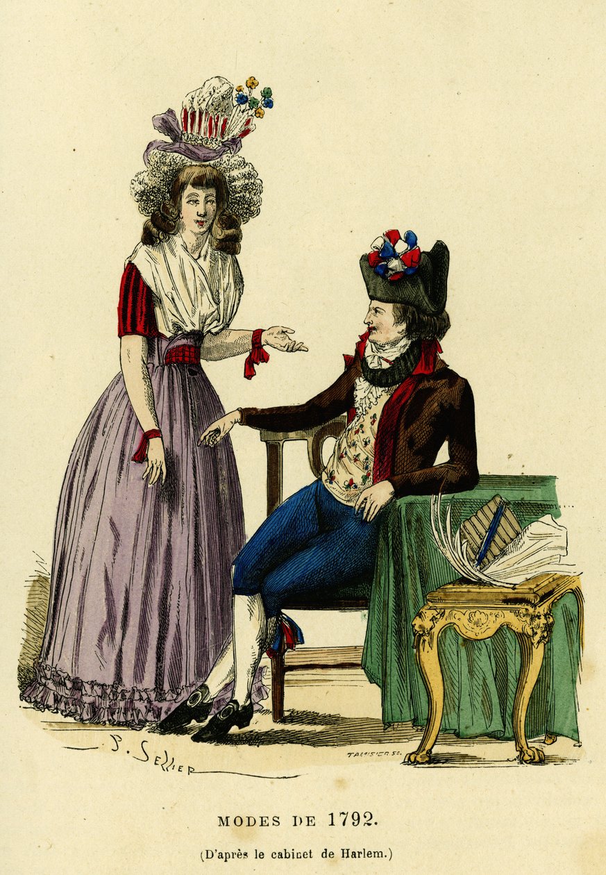 Casal na moda a partir de 1792. Gravura a cores após o desenho do gabinete do Harlem, em "France et les francais a travers les siecles" de Augustin Challamel, editor F.Roy, Paris 1882. Coleção Selva. de French School
