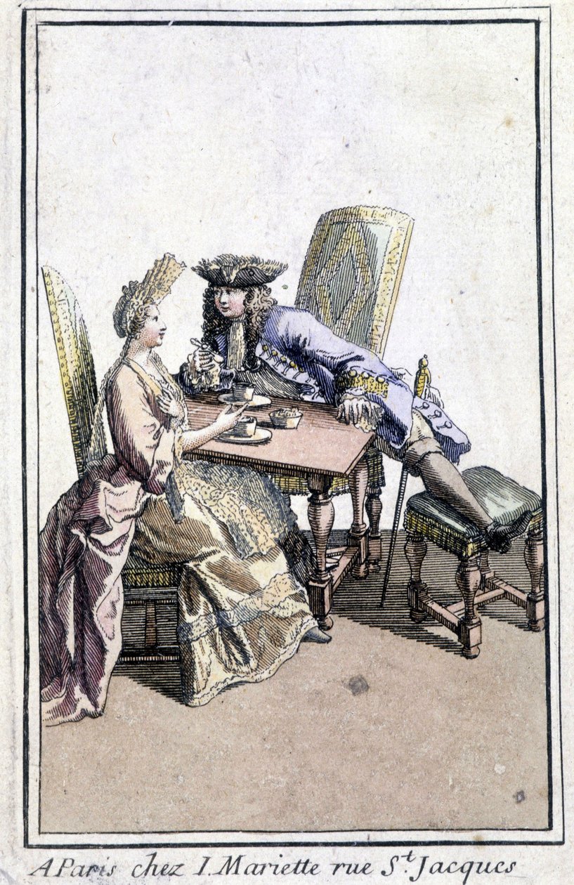 Casal tomando café - gravura de French School
