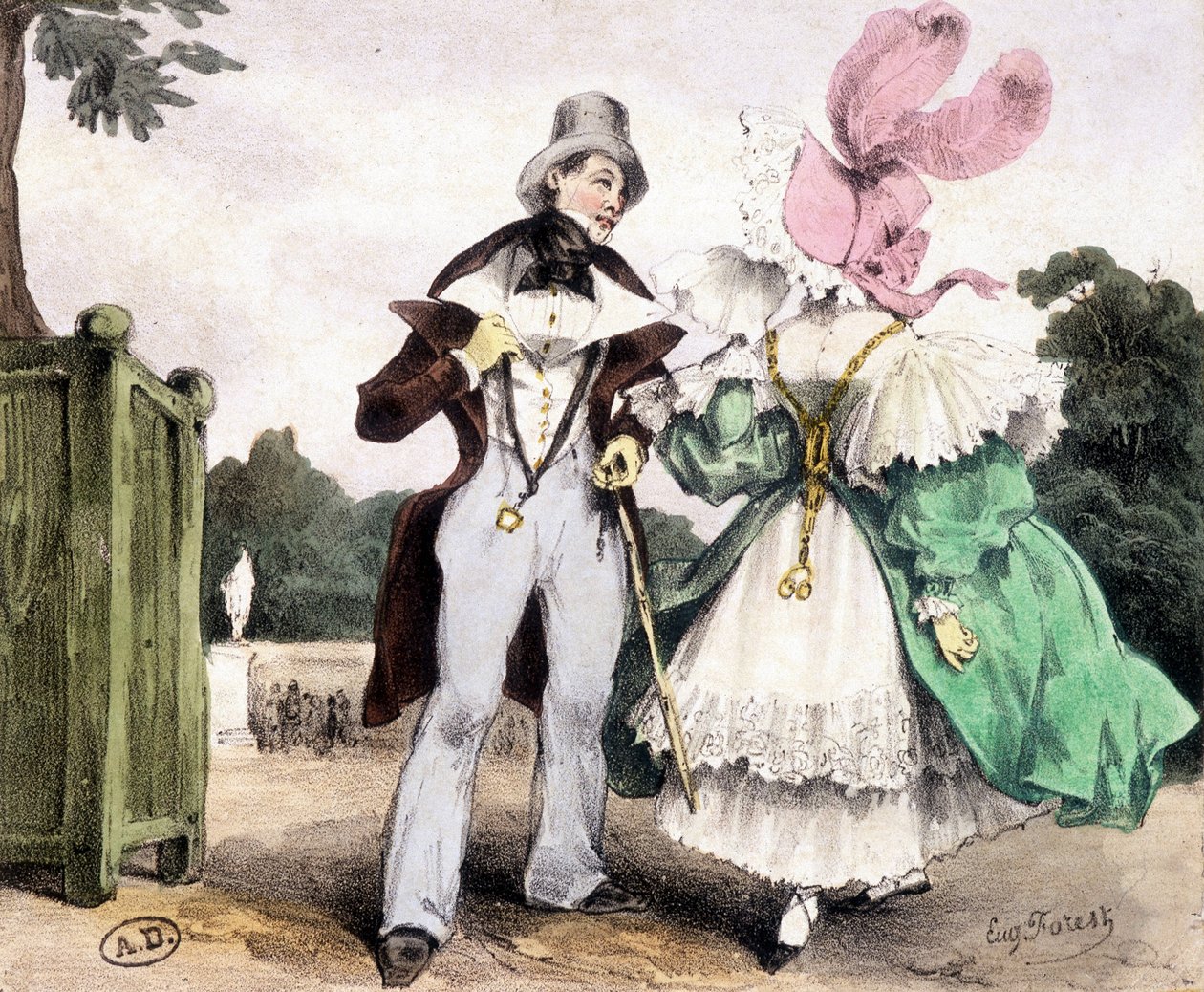 Um casal a caminhar, desenho de Guy Forest, por volta de 1829. de French School