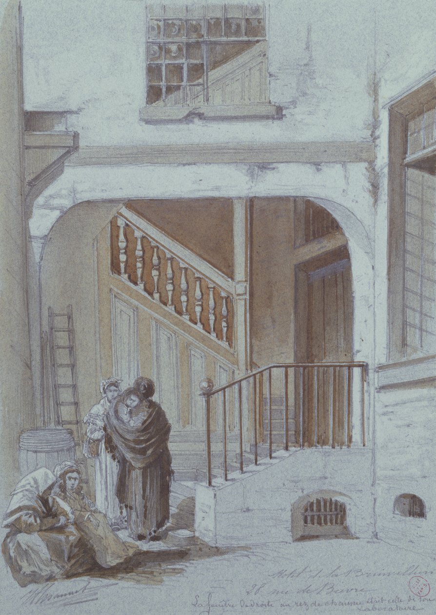 Pátio e laboratório da Marquesa de Brinvilliers, 28 rue de Bievre, Paris (giz e guache sobre papel) de French School