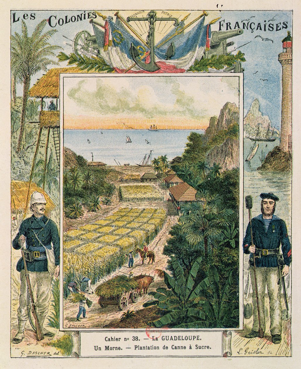 Capa para um caderno escolar mostrando uma plantação de cana-de-açúcar em Guadalupe, 1892 de French School