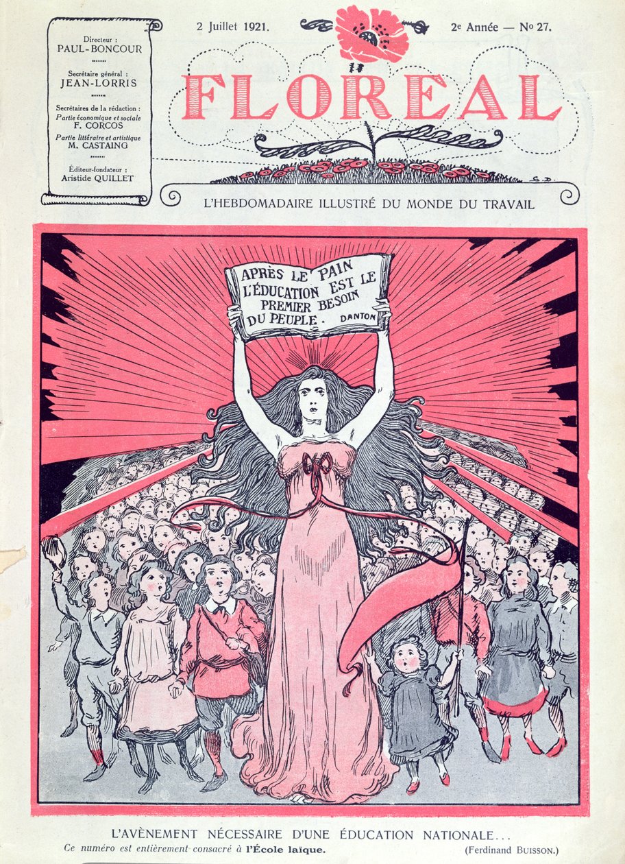 Capa da revista Floreal celebrando o quadragésimo aniversário de Ecoles Laiques na França, em 2 de julho de 1921 de French School