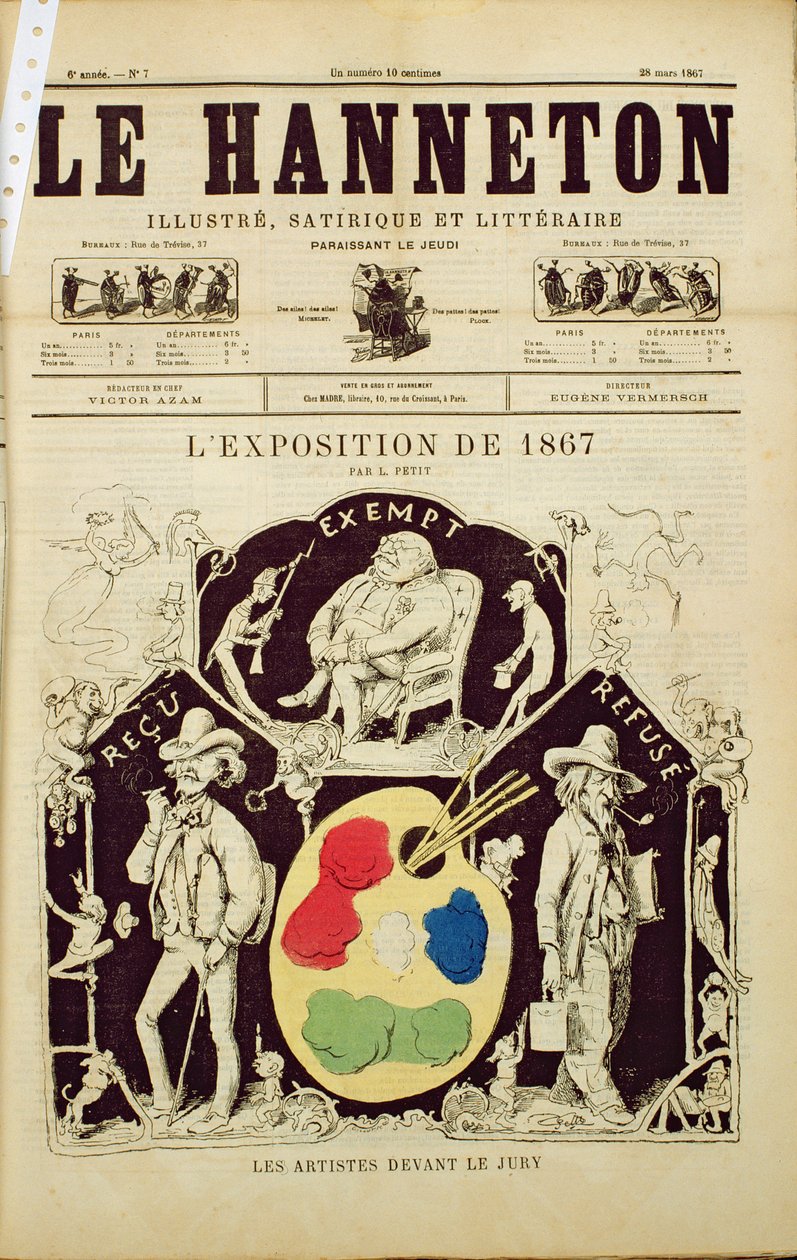 Capa de Le Hanneton, representando os artistas antes do júri na exposição de 1867, 28 de março de 1867 de French School