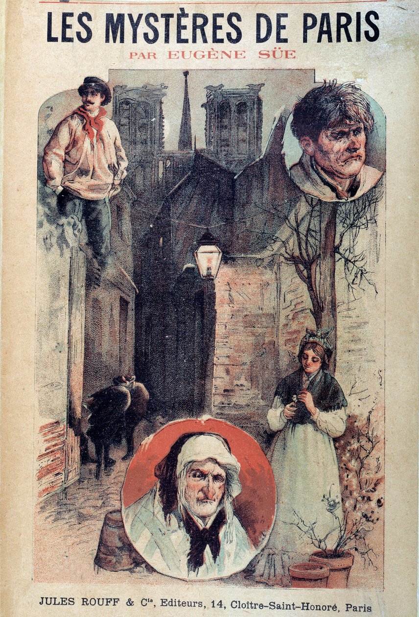 Capa de "Les mysteres de Paris" de Eugene Sue (1804-1857), vistas de uma viela parisiense e personagens de French School
