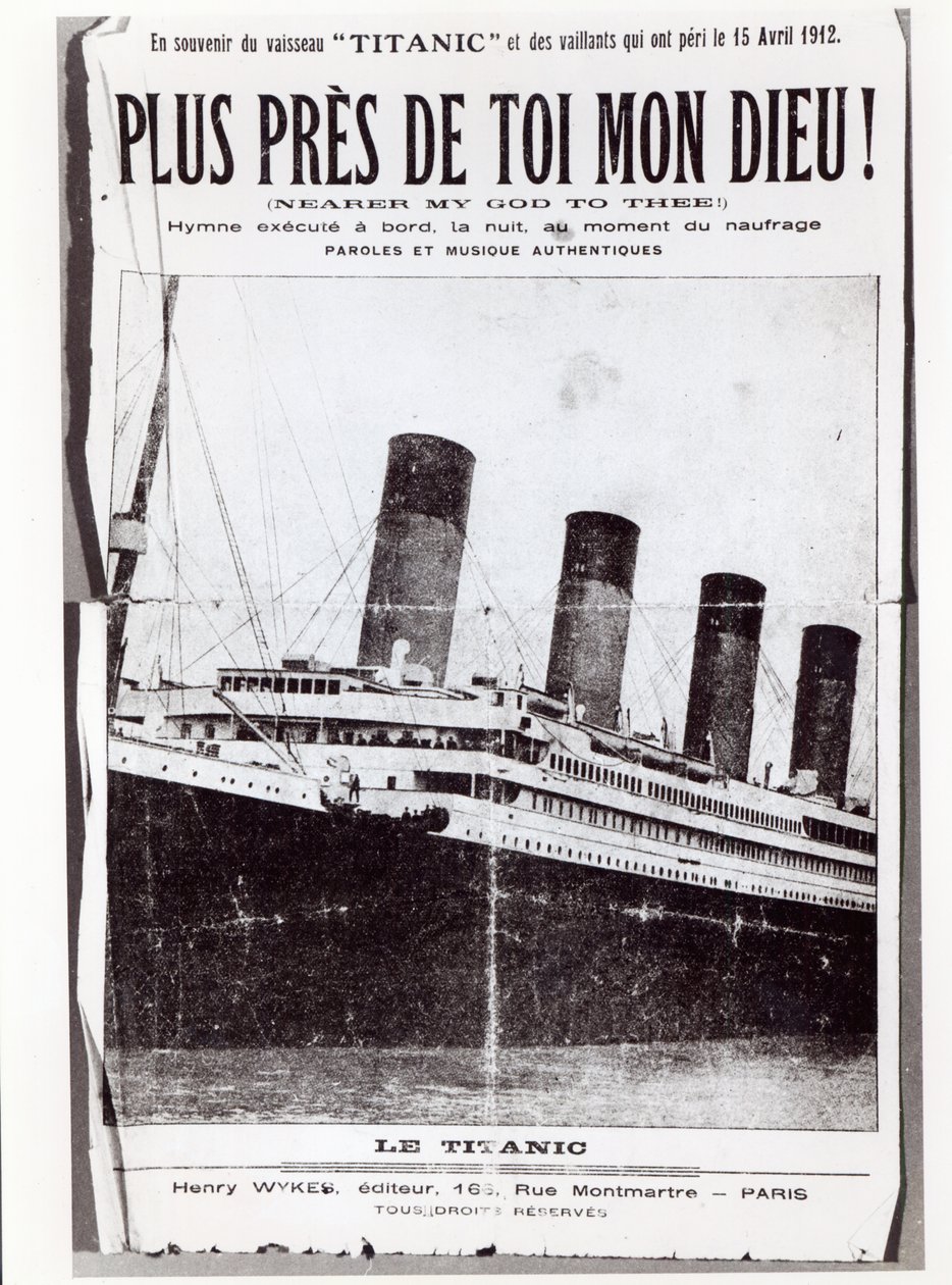 Capa da partitura para o Hino mais próximo do Meu Deus para Ti, cantada pelos passageiros do Titanic durante seu naufrágio e naufrágio, 1912 de French School