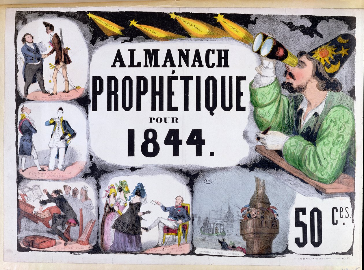 Capa de um almanaque profético que descreve Nostradamus (1503-66) 1844 de French School