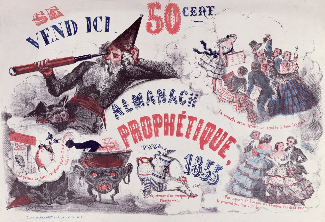 Capa de um almanaque profético retratando Nostradamus, 1855 de French School