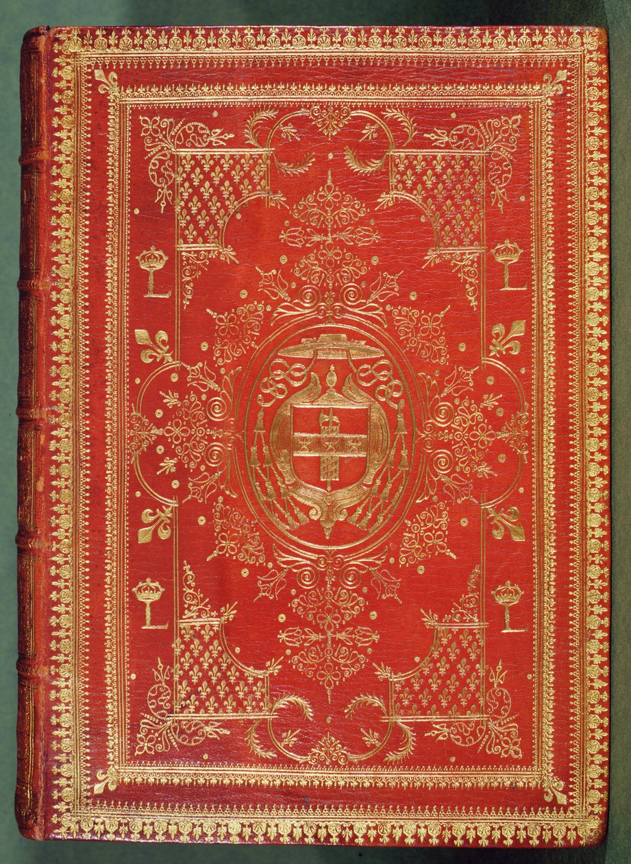 Capa de um livro de propriedade do Cardeal Mazarin, com o acabamento exibindo os cardeais de armas de estrelas e fasces, encimado pelo chapéu de galero e borlas de um cardeal (couro e dourado) de French School