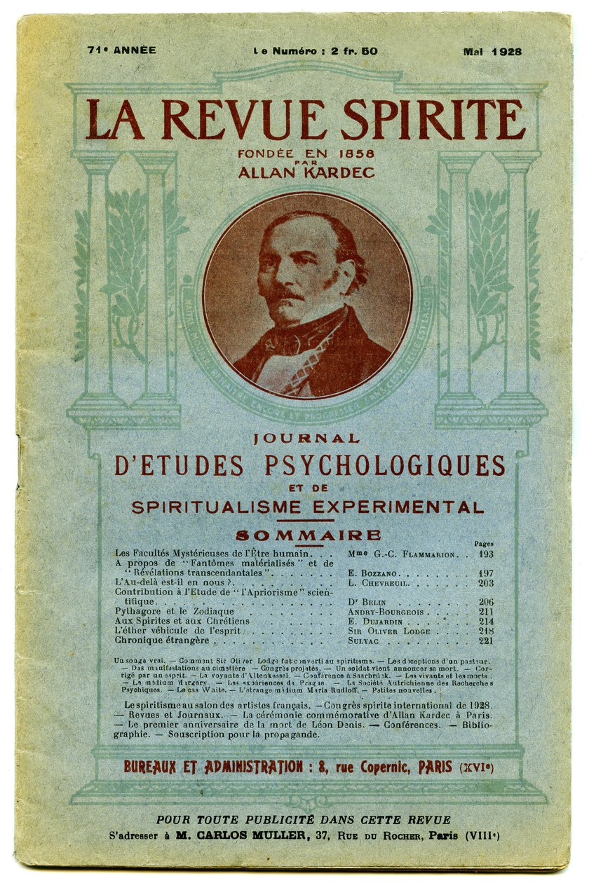 Capa de uma série de “” La revue spirite “”, uma revista trimestral dedicada ao espiritismo, estudos psicológicos e espiritualismo experimental, fundada por Allan Kardec de French School