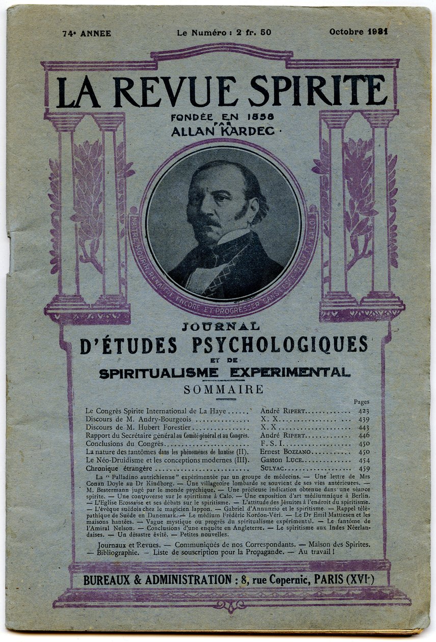 Capa de uma série de “” La revue spirite “”, retrato do fundador Allan Kardec, revista de outubro de 1931 de French School
