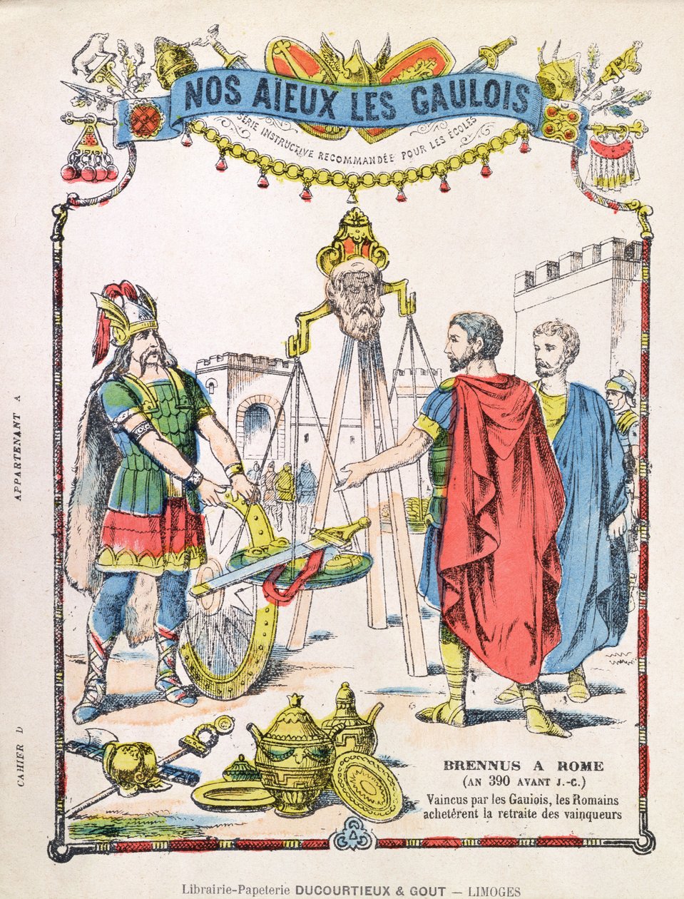 Capa do livro de exercícios da escola retratando a lenda de Brennus (fl. C.389 aC) de French School