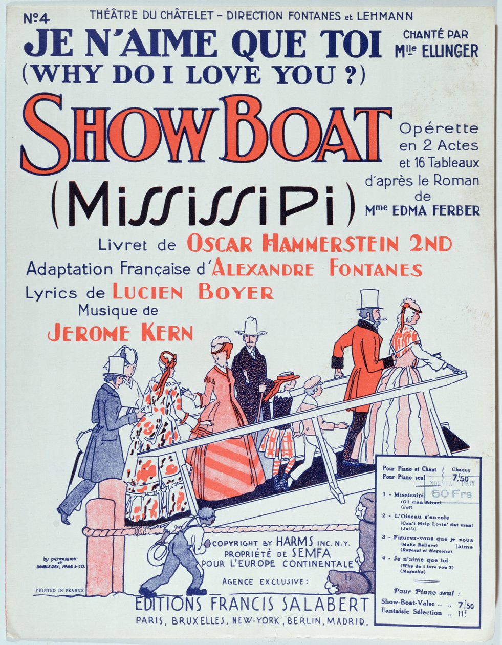 Capa da partitura da opereta Showboat, produzida no Theatre du Chatelet em 1928 de French School