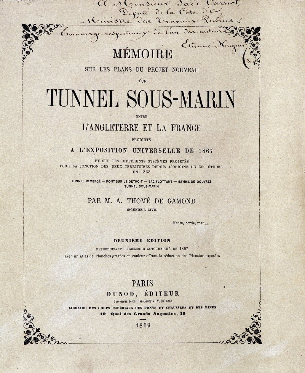 Capa do "Memoire sobre os planos do novo projecto de um Túnel Subaquático (Underwater Tunnel) entre Inglaterra e França produzido na Exposição Mundial de 1867" por M.A. Thome de Gamond de French School