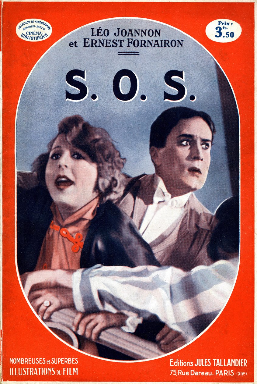Capa do livro S.O.S. (SOS) com uma imagem do filme epônimo de Carmine Gallone. Ilustração da sigla de pedido de ajuda, sinal de socorro do alfabeto Morse, que entrou em vigor em 1908. Edição Jules Tallandier (litho) de French School