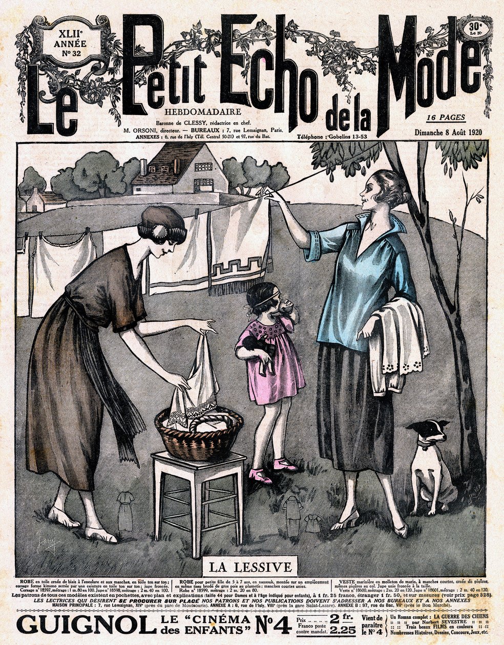 Capa do jornal "" Le petit echo de la mode "" la detergent - duas mulheres com uma menina e um cão espalham a roupa posta a secar sobre um fio exterior, n°32 de 8 de Agosto de French School