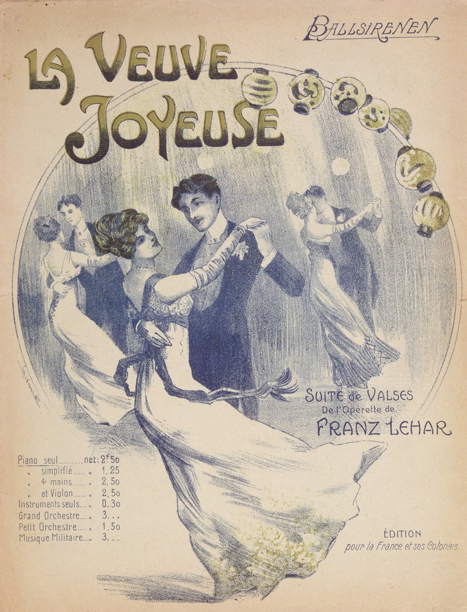 Capa da súmula de La Valse Ballsirenen de The Merry Widow de Franz Lehar (1870-1948) de French School