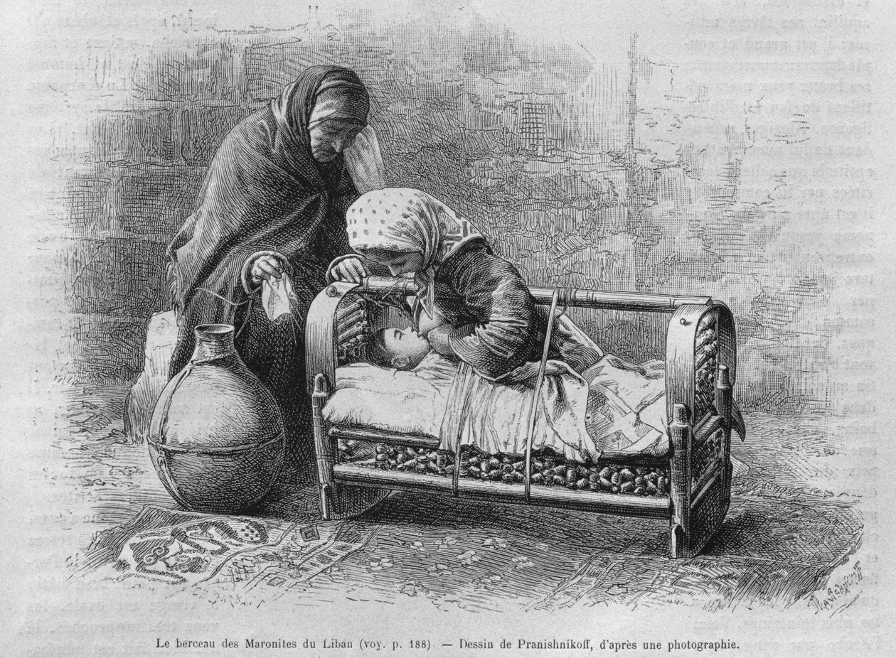 Berço para os maronitas, da Síria hoje. Viajar para a Fenícia, o Líbano e a Judéia. 1875-1880 de Louis Charles Emile Lortet, 1884 (gravura do bw) de French School