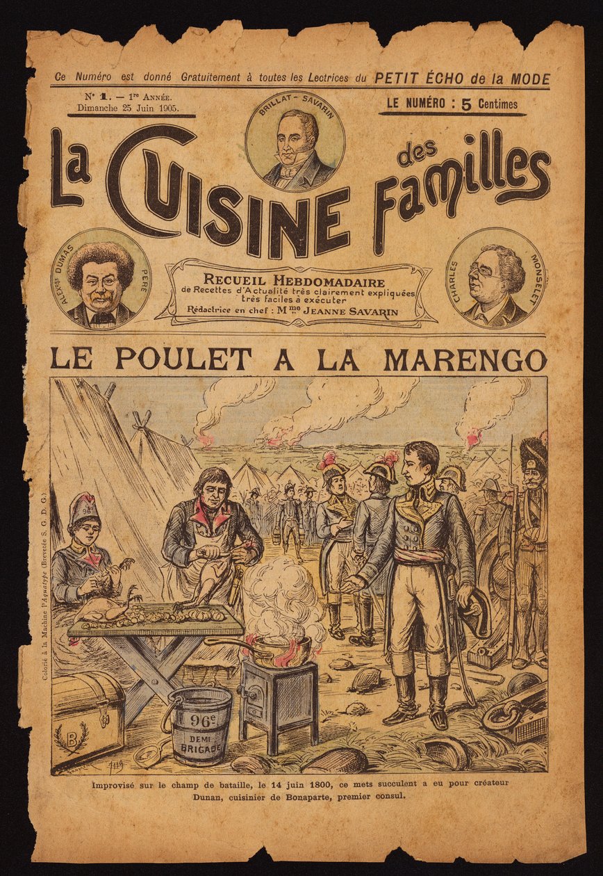 Criação do frango Marengo (gravura a cores) de French School