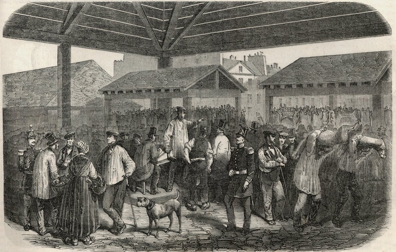 Carne de talho de Cree no mercado na rue des Prouvaires no I arrondissement de Paris - Gravação em "Tableau-de-Paris" de Edmond Texier 1852 de French School