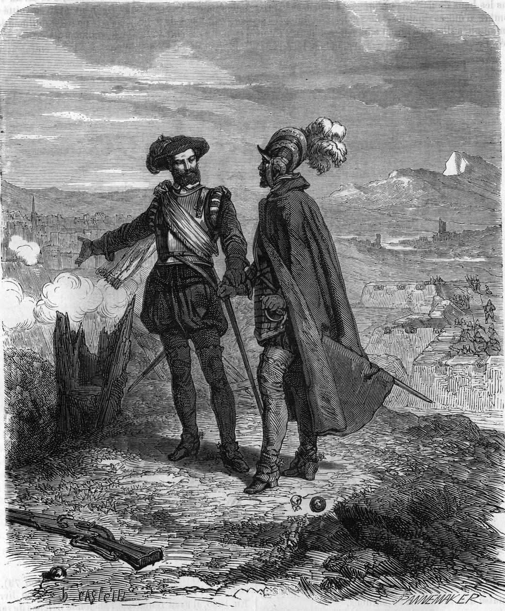 Crillon e Maximiliano de Bethune, Duque de Sully, estadista francês e conselheiro de Henrique IV, durante o cerco de Savoy (1600-1601). Em "Histoire Populaire de la France", gravura do século XIX. de French School
