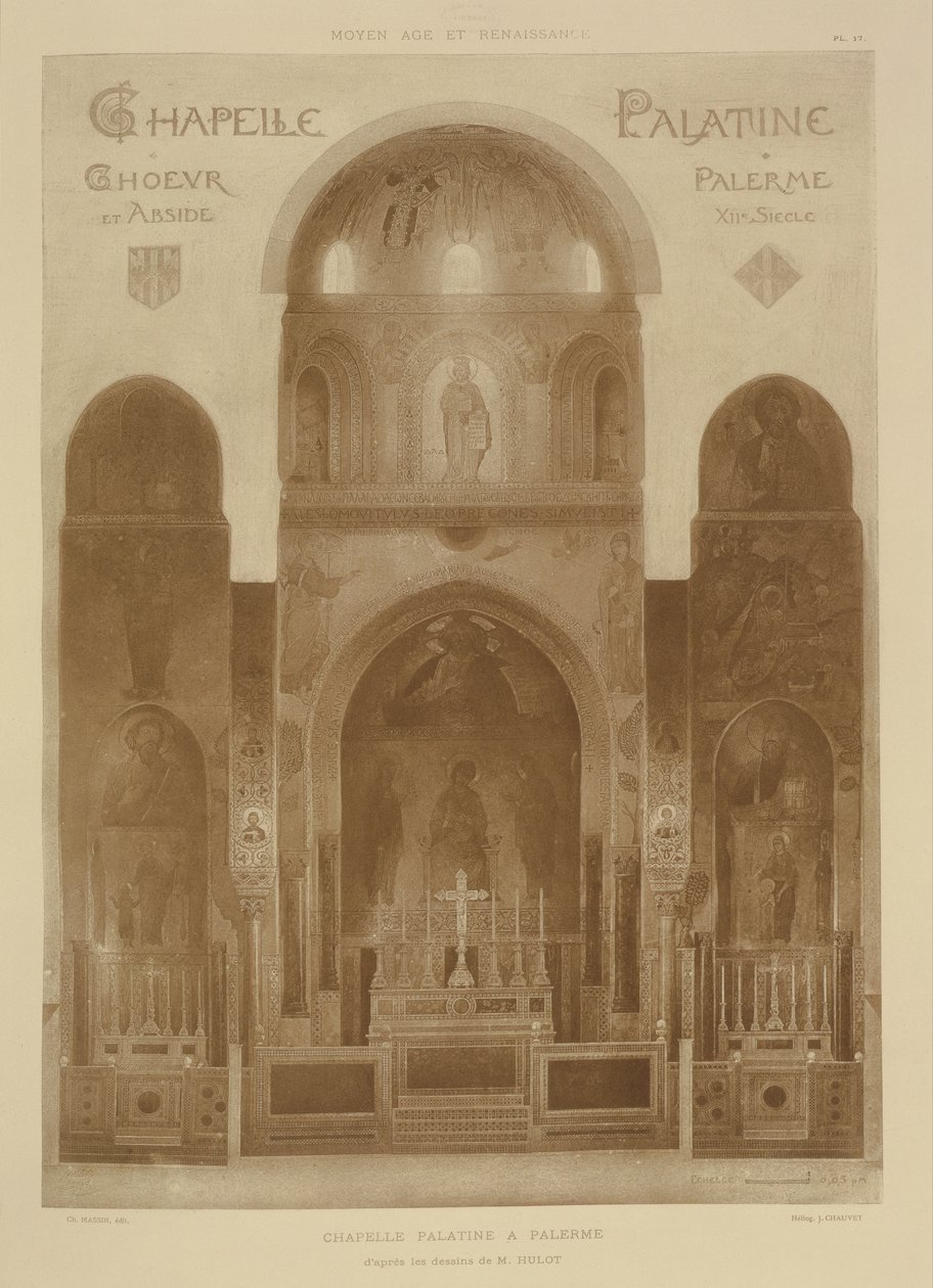Corte transversal do extremo leste da Capela Palatina, em Palermo, na Sicília, de Fragmentos da Arquitectura da Idade Moyen e da Renascença, gravado por Jules Adolphe Chauvet (n. 1828) de French School