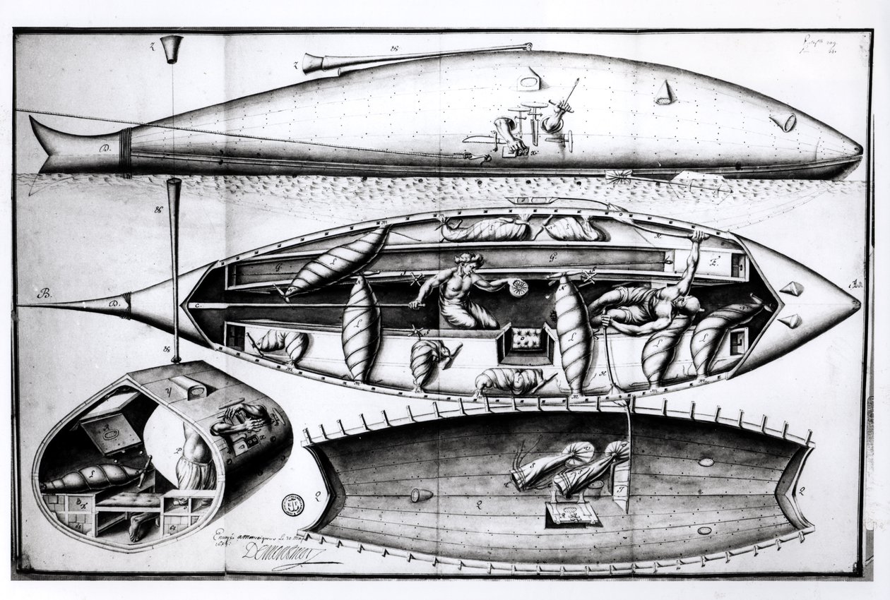 Seção transversal de um submarino, de um manuscrito, março de 1689 de French School