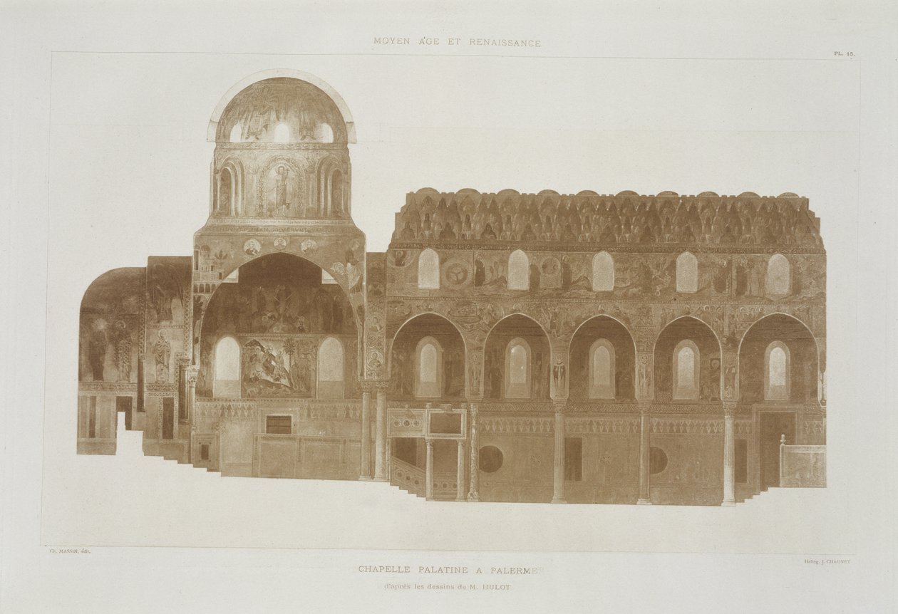 Corte Transversal da Capela Palatina, em Palermo, na Sicília, de Fragmentos da Idade Média e da Arquitetura Renascentista, gravada por Jules Adolphe Chauvet (n.1828) de French School