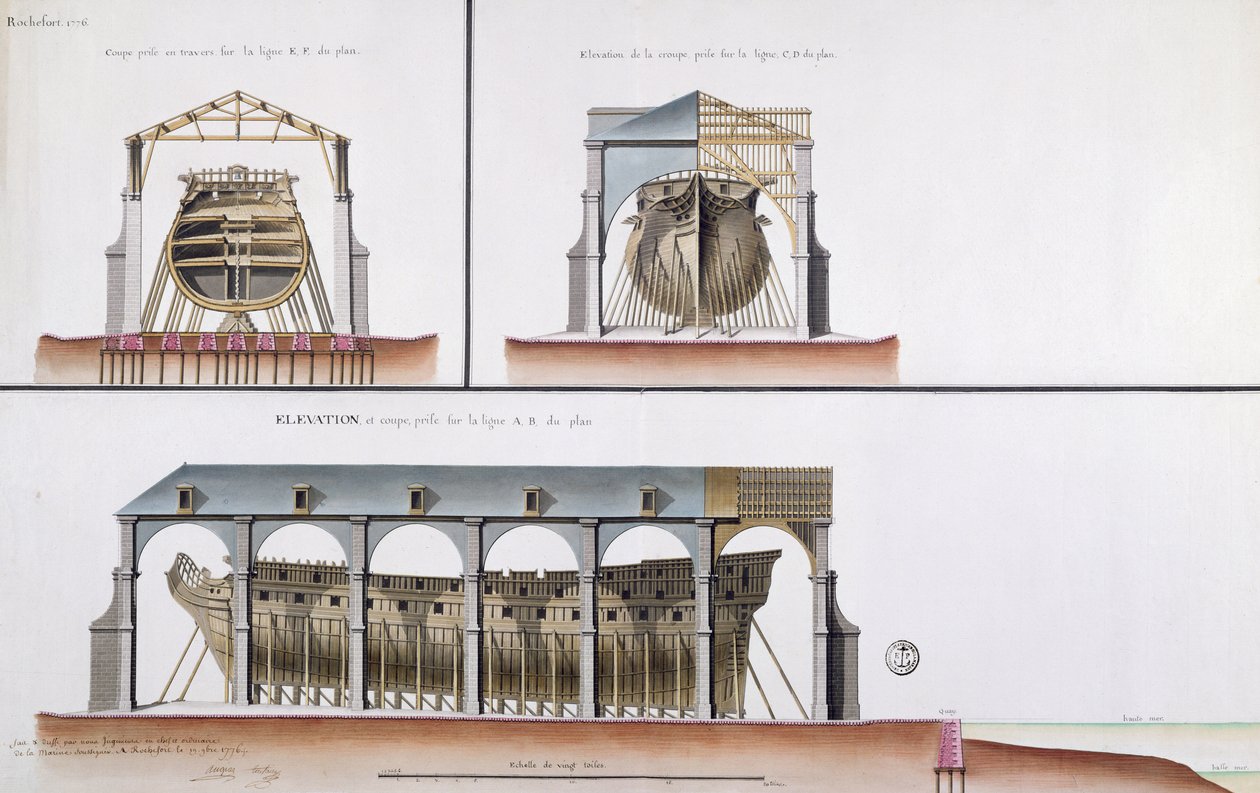 Seção transversal e elevação de um navio, 1776 (caneta e tinta e wc no papel) de French School