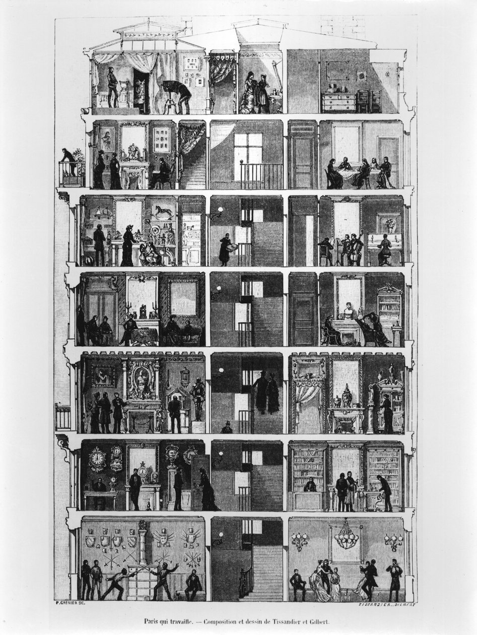 Seção transversal de um edifício parisiense, ilustração frpm Le Magasin Pittoresque, 1883 de French School